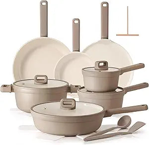 SENSARTE 20Pcs Pots and Pans Set Nonstick, Ceramic Cookware Set Non Stick, Non-toxic Healthy Kitchen Cooking Set, Induction Compatible, Dishwasher Safe, PFAS/PTFE/PFOA Free, Taupe