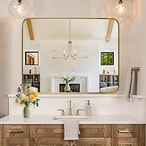 Gold Wall Mirror for Bathroom 28X36 Inch Stainless Steel Metal Frame Bathroom Vanity Mirror Rounded Rectangle Mirror Rustproof for Entryway, Living Room Hangs Vertically or Horizontally