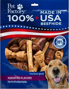 Pet Factory 100% Made in USA Beefhide 4-6" Assorted (Bones & Chip Rolls) Dog Chew Treats - Beef & Chicken Flavor, 25 Count/1 Pack