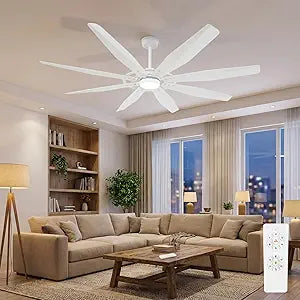 ELEHINSER 72 inch Large Ceiling Fan with Light & Remote Control, Aluminum 8-Blades Modern Industrial Ceiling Fan, Reversible Quiet DC Motor, 3CCT/6-Speed, for Living Room,White