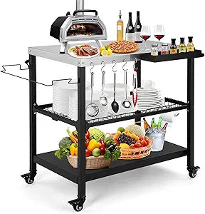 Outdoor Grill Cart,36 Inch Stainless Steel Pizza Oven Table with Lockable Wheels, Hooks & Adjustable Mesh, Metal Kitchen Cart Island, Black(36.2'' D x 19.6''W x 31.4''H)