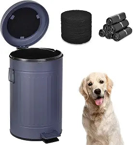 Dog Poop Trash Can with Lid for Outdoors3.2 Gallon Trash Can with Activated Carbon Filter & Plastic Bags, Pet Waste ContainerUP12L-GY-Y+90BK