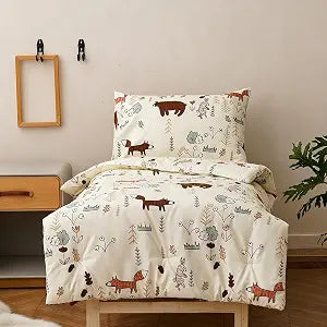 KAREVER Cartoon Toddler Bedding Set Bear Fox 4 Pieces Crib Bed Set Kids Cream Yellow Animal Print Comforter Set