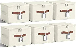 6 Pack Fabric Closet Storage Bins with Zipper Lids and Label, 1087In Large Size Foldable Cotton Linen Storage Cubes Boxes with PU Leather Handles Holders for Bedroom, Shelf, Nursery, Beige