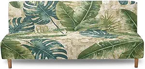 Tropical Leaf Armless Futon Slipcover with Elastic Bands, Anti-Slip Sofa Bed Couch Covers Water Resistant Furniture Protector Home Living Room Decor