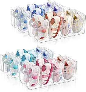 Kids Shoe Organizer Stackable: Clear Acrylic Baby Shoe Rack with Dividers - Closet Storage for Toddlers & Nursery Use (4 Pack)