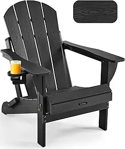 Ciokea Folding Adirondack Chair Wood Texture for Patio, Weather Resistant, Plastic Fire Pit Chair with Cup Holder, Lawn Chair for Outdoor Porch Garden Backyard Deck (Black)