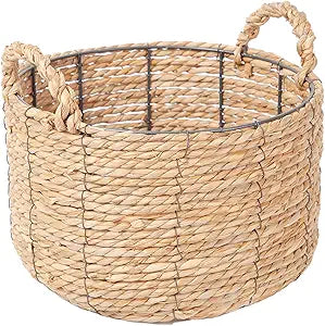 Round Wicker Storage Basket, Woven Large Water Hyacinth Bin with Handles, 12''x 7''
