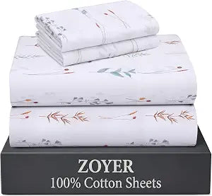 ZOYER 100% Cotton Queen Sheets, Percale Weave, Fairy Meadows