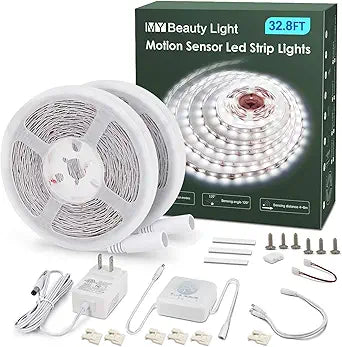 MY BEAUTY LIGHT Motion Activated LED Strip Lights, 32.8ft LED Light Strip with Day or Night 2 Lighting Modes,3 Timing Off Modes,Bright White 12v Plug-in LED Rope Lights for Bedroom,Kitchen,Stair,Room
