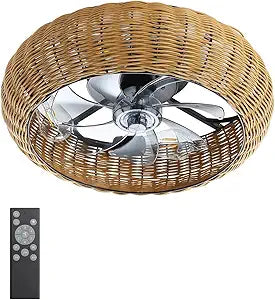 FELCO 20" Boho Bedroom Fandelier Ceiling Fan with Light and Remote, Low Profile Bohemian Woven Caged Flush Mount Ceiling Fan Light for Indoor, Covered Outdoor, Quiet DC Motor 6-Speed Reversible