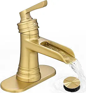 Brushed Gold Bathroom Faucets One Hole, Brass Waterfall Bathroom Sink Faucet 3 Hole 4 Inch With Pop-up Drain, Deck Plate, Pre-Installed cUPC Hose for Farmhouse, Lavatory, 5 Mins Quick Install