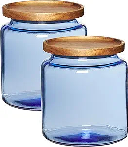 Anchor Hocking Coastal Blue Montana Jar set with lids (2-piece, 96-ounces, acacia wood lid)
