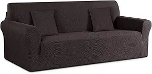 Ruaozz Stretch Sofa Cover 1 Piece Couch Covers for 3 Cushion Couch Non Slip Universal Sofa Slipcover Washable Soft Jacquard Furniture Protector with 2 pcs Throw Pillow Covers (3 Seater, Chocolate)