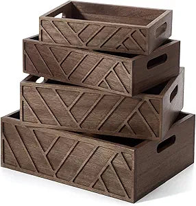 AceOrbit 4 Pcs Wooden Nesting Crate Countertop Baskets for Kitchen 4 Size Decorative Farmhouse Wood Storage Box with Handle for Display Fruit Vegetable Kitchen Cabinet Bathroom(Brown)