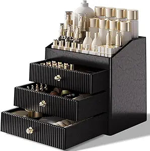 LADSTAG Cosmetic Organizer,Luxury Make up Organizer with 3 shelf Drawers,Black Large Capacity Makeup Organizers for Skincare,Brushes, Dresser,Bedroom,Bathroom,Birthday Gifts for Mom