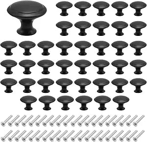 Hoypeyfiy 40 Pieces Round Drawer Pull Stainless Steel Kitchen Cabinet Door Knob Modern Style Matte Black Cabinet Handles (Large 30mm 1.2inch)