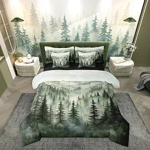Erosebridal Smoky Mountain Bedding Set Full Nature Forest Green Comforter Set 7 Piece Rustic Woodland Botanical Pine Tree Bed in A Bag for Kids Adults Natural Jungle Plants Sheet Set with Comforter