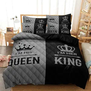 King & Queen Duvet Cover Set-King Size, 3-Piece Romantic ���His and Her��� Themed Comforter Bedding Sets for Lovers and Couples, Crown-Patterned Black&Grey Bed Set(1 Duvet Cover+2 Pillowcases)