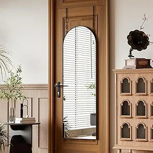BEAUTYPEAK 14" x 48" Adjustable Height Over The Door Mirror, Arch Full Length Hanging Door Mirror with Shatterproof Tempered Glass Aluminum Alloy Frame for Bedroom, Living Room, Bathroom, Dorm, Black