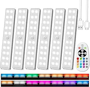 Under Cabinet Lighting Wireless with Remote, 48 LED Rechargeable Under Cabinet Lights, Kitchen Counter Lights Dimmable LED Closet Light RGB Bar for Shelf, Car, Hallway, 15 Color Changing, 6 Pack