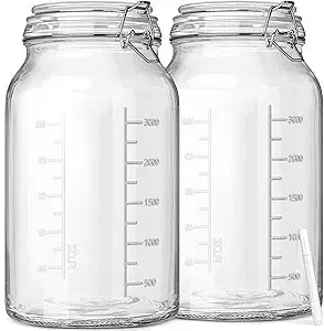 1 Gallon Super Wide Mouth Glass Storage Jars with Airtight Lids and 2 Measurement Marks, Leak Proof Glass Container with Hinged Lids, Large Pickle Jars with Labels and Silicone Gasket, 2 Pack
