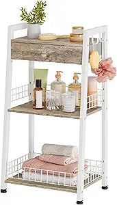 Gewudraw 3-Tier Ladder Shelf with Drawer, Bathroom Table Stand for Small Space, Standing Bathroom Shelves with Storage for Living Room Kitchen Bedroom, Organizer Shelf, White