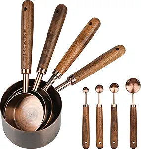 Copper Measuring Cups & Spoons Set 8, Stainless Steel Measuring Cups and Spoons Set for Baking and Kitchen, Metric & US Metal Measure Cup & Spoon with Wood Handle for Dry & Liquid