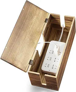 Large Cable Management Box - Burnt Wood Cable Organizer Box and Floor Cord Covers for Electrical Cord Management - Hide Desk Cord and Floor Cables - Wire Storage and Organization for Cords