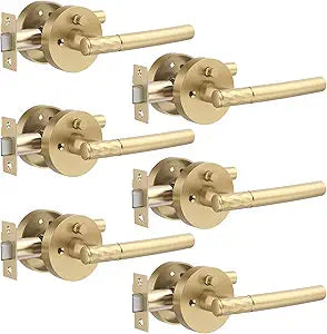 Zylaria 6 Pack Gold Privacy Door Handle - Keyless Entry, Heavy Duty Zinc Alloy Lever for Bedroom/Bathroom