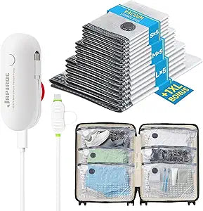 Travel Vacuum Storage Bags with USB Powered Electric Pump, 16 Pack Vacuum Seal Bags for Clothing Travel, Space Saver Bags for Luggage, Suitcase, Backpack & Home Organization, White