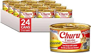 INABA Churu Entre Mousse for Cats, High Protein & Moisture, Prebiotic Wet Cat Food, 3oz. per Can, 24 Cans Total, Tuna Recipe with Lobster