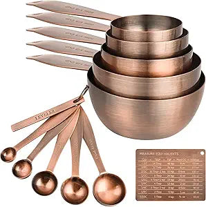 Measuring Cups and Spoons Set, 12 Pieces Stainless Steel Measuring Cup Set, Metal Copper Measuring Cups Spoons, Dry & Liquid Kitchen Measure Cup Spoon & Leveler & Measure Equivalents