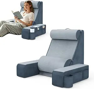 Reading Pillow, Back Pillow for Bed with Adjustable Headrest & Independent Lumbar Support, Detachable Armrest Sit Up Pillow for Bed, Dual Side Storage Pockets for Reading Gaming Nurs Sofa (Basic)