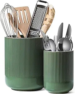 LE TAUCI Utensil Holder for Kitchen Counter, 7.3"+5.4" Fluted Ceramic Utensil Crock Organizer for Countertop, Heavy Large Holder for Spatulas, Spoons, Set of 2, Forest Green