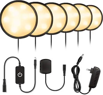 LED Under Cabinet Lighting Kit, 1020 Lumens LED Puck Lights, 3000K Warm White, CRI90+, Touch Dimming, Black Trim, All Accessories Included, for Kitchen, Closet, Cabinet, Shelf, 6-Pack