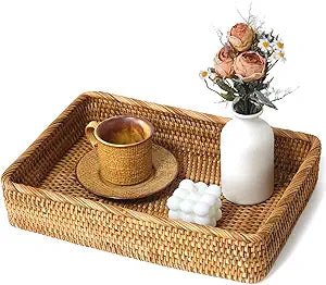 Wicker Storage Tray, Rattan Basket Rectangular for Bathroom Living Room, Decorative Serving Woven Trays Wicker Baskets for Organizing Home Decor L(15.7"  11")