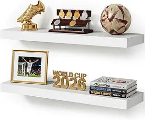 White Floating Shelves Set of 2, 24 Inch Wall Mounted Wood Shelves for Bathroom Over Toilet, Bedroom, Living Room, Kitchen & Office Storage, Modern Display Shelves