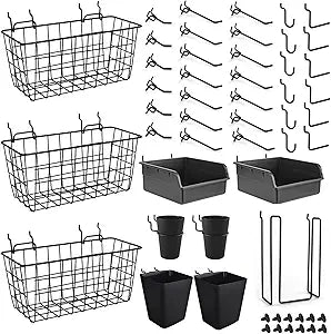 Pegboard Basket Organizers, Peg Board Large Baskets Hooks Bins Cups Tool Organizer 42 Pack Set, Wall Storage Display Hanging Accessories for Craft Office Stadio Shed Garage Organization (Black)