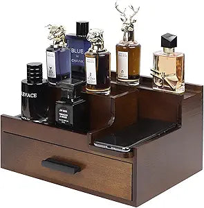 Butizone Cologne Organizer for Men, 3 Tier Perfume Stand Holder with Drawer and Hidden Compartment, Cologne Display Shelf for Dresser, Great Gift for Man/Father, Deep Brown