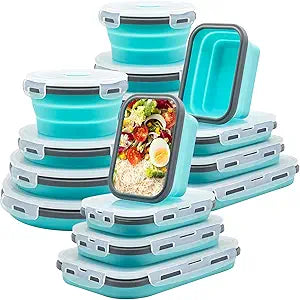 Lunememo 16 Pack Collapsible Silicone Food Storage Containers with Lids, Freezer & Dishwasher Safe, Foldable Lunch Box for Camper, Leftovers, Snacks, Meals, Blue