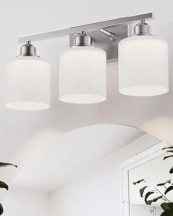 Bathroom Light Fixtures Over Mirror, 3-Light Vanity Lights Brushed Nickel, Modern Bathroom Vanity Light, Glass Shade & Anti-Rust Nickel Finished, Bathroom Light for Small Space