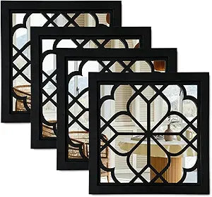 ZEXUIRU 4 Set Rustic Wall Mirrors for Bedroom Bathroom Living Room Entryway Wood Farmhouse Square Easy to Hang Framed Decorative Accent Hanging Wall-Mounted Mirror Set for Living Room - Black