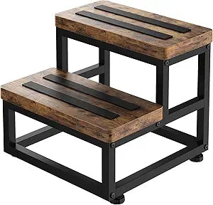 2 Step Wooden Step Stools for Adults Kids, Heavy Duty Stepping Stools Wooden Bed Step Stools for High Beds, Non-Slip 2 Bedside Foot Stool with 500 Lbs Capacity, Kitchen, Bed, RVS Step, Rustic Brown