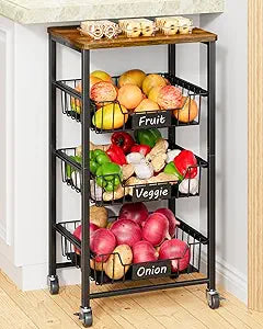 Giwil Vegetable Fruit Basket for Kitchen Pantry Organizers Storage, 4-Tier Utility Rolling Cart on Wheels with Wood Top and Drawer Wire Baskets for Onions Potatoes Snacks, Black