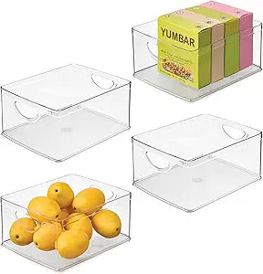 iDesign Plastic Stackable Kitchen Cabinet Storage Bin with Handles - Clear Pantry Organizer, 4-Pack