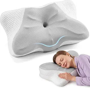 DUMOS Cervical Neck Pillow, Cooling Ergonomic Memory Foam Pillows for Neck Pain Relief with Breathable Pillowcase, Dual Height Orthopedic Support Contour Pillow for Side, Back, Stomach Sleepers, Grey