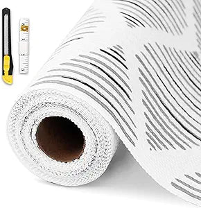 Drawer and Shelf Liner for Kitchen Cabinet,Non-Adhesive Cabinet Liner 12in x 30FT,Waterproof Shelf Paper Non-Slip Mats Cupboard Liners Contact Protect Dresser/Shelves/Table-Square Stripes