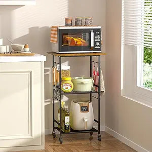ThreeHio Rolling Kitchen Microwave Cart, 3 Tier Microwave Table Stand with Adjustable Shelf, Kitchen Storage Rack on Wheels, Coffee Station Cart Rack Shelf Organizer for Living Room Office, Balcony
