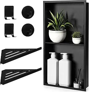 Stainless Steel Shower Niche No Tile Needed 24"x12" Inner Size (25.19"x13.19" Outside Size) Matte Black - Niche for Shower Wall - Bathroom Niches - Includes Corner Shelves Razor Holders and Wall Hooks